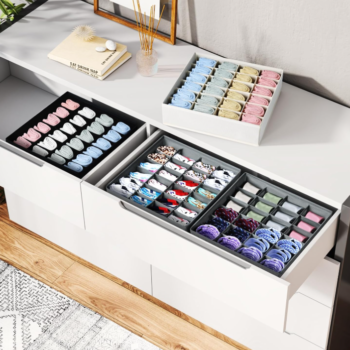 2 Pack Lidded Drawer Storage Boxes with Removable Dividers for Socks and Bras