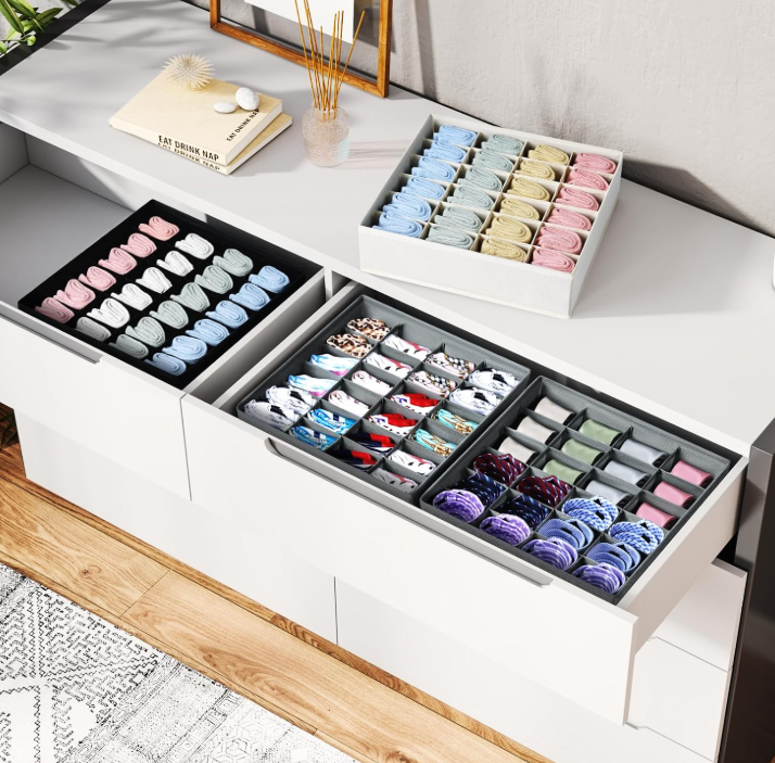 2 Pack Lidded Drawer Storage Boxes with Removable Dividers for Socks and Bras