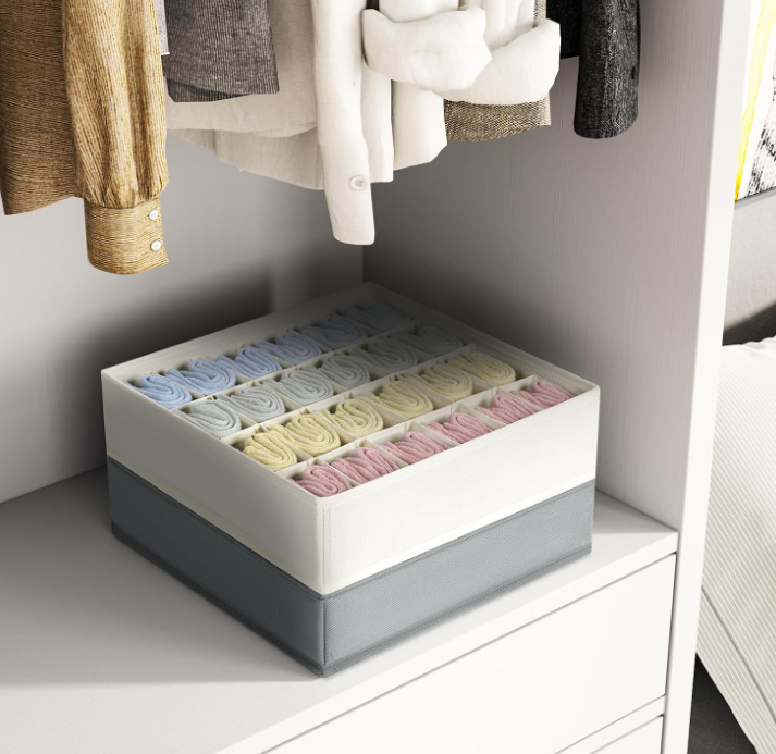 2 Pack Lidded Drawer Storage Boxes with Removable Dividers for Socks and Bras