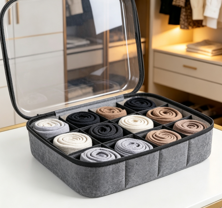 Wooden Compartment Drawer Tray for Socks, Underwear, Keys and Accessories