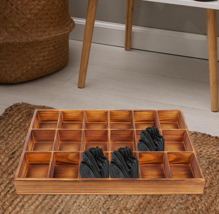 Lidded Sock Storage Box with Removable Sections for Belts, Ties and Small Items