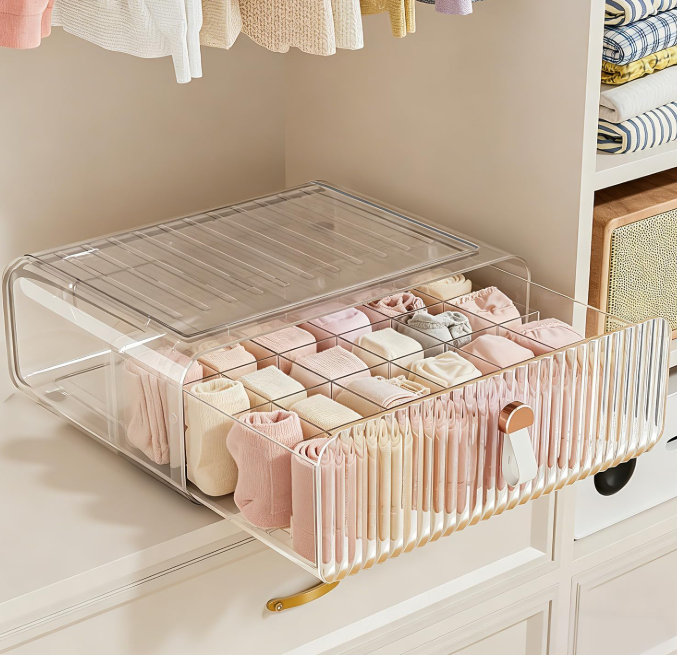 2 Pack Adjustable Plastic Drawer Boxes with Lids for Socks, Bras and Underwear